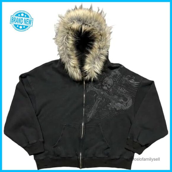 Oversized Zip Up Hoodie Y2K Goth Graphic Sweatshirt Faux Fur Hood Streetwear